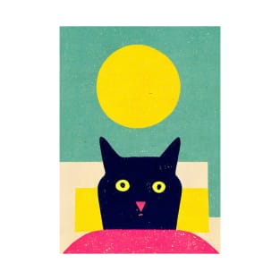 Waking Up Cat Retro Poster Vintage Art Illustration Wall Turquoise Pink Illustration T-Shirt