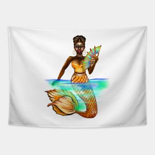 mermaid with gold scales and fan, brown eyes curly Afro hair and dark brown skin. Black mermaids Tapestry