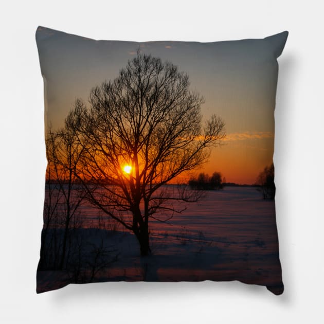 Sunset winter landscape with snow-covered road in violet and pink colors Pillow by Olga Berlet