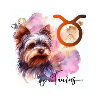 Taurus Zodiac Sign Cute Yorkie Watercolor Art T-Shirt