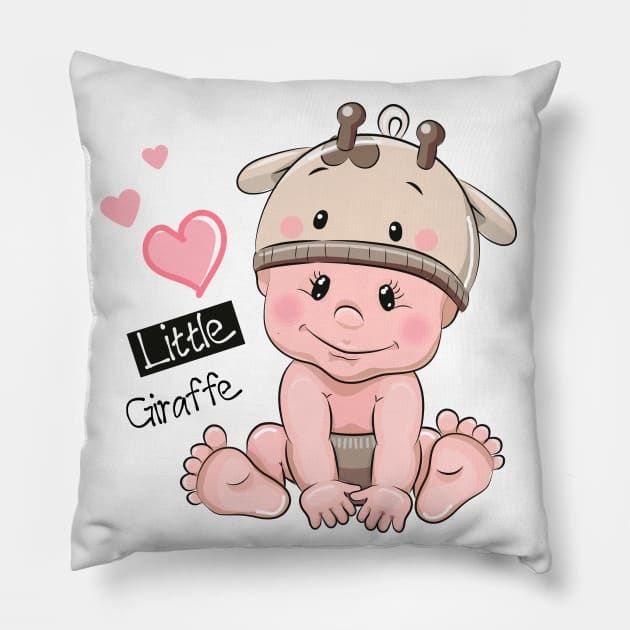 Cute baby in a giraffe hat. Pillow by Reginast777