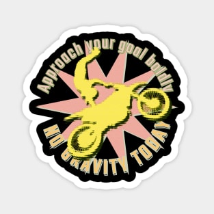 Approach your goal boldly. No gravity today. Yellow motorcyclist in jump position on a motocross bike against a light pink star background Magnet