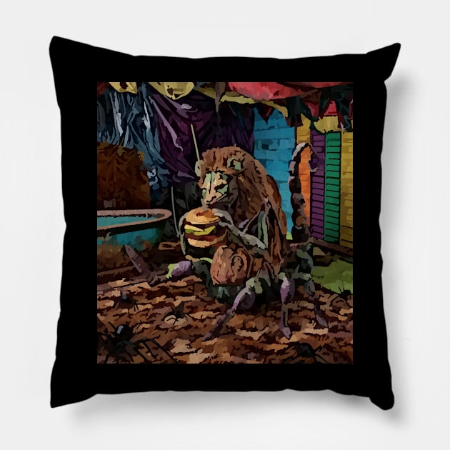 watercolor locust with lions head eating double cheeseburger Pillow by Catbrat