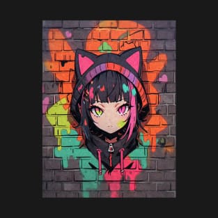 Kawaii Aesthetic Colorful Nekomimi Anime Cat Girl Graffiti Art Style T-Shirt