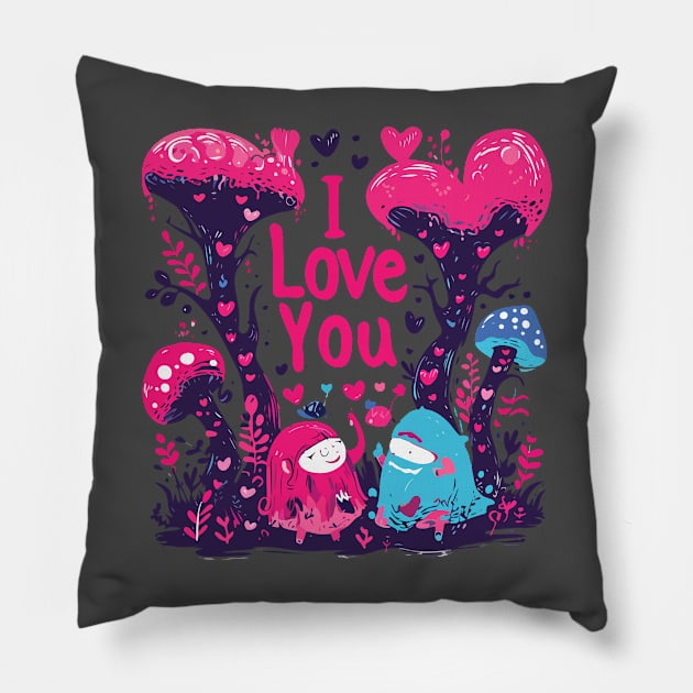 I Love You Mushroom - Love Valentine&#39;s Day Lover Couple Cute Funny Pillow by The Realm Within