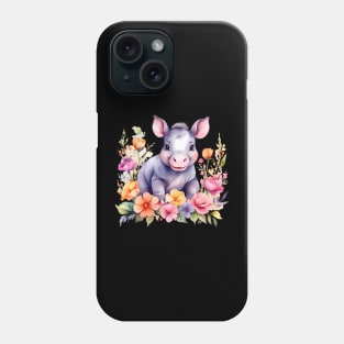 A baby hippo decorated with beautiful watercolor flowers Phone Case