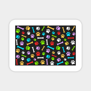 Colorful Dog Paw & Bones Seamless Pattern on Black Background Magnet