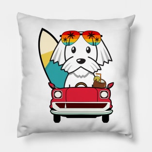 Cute white dog driving to the beach Pillow