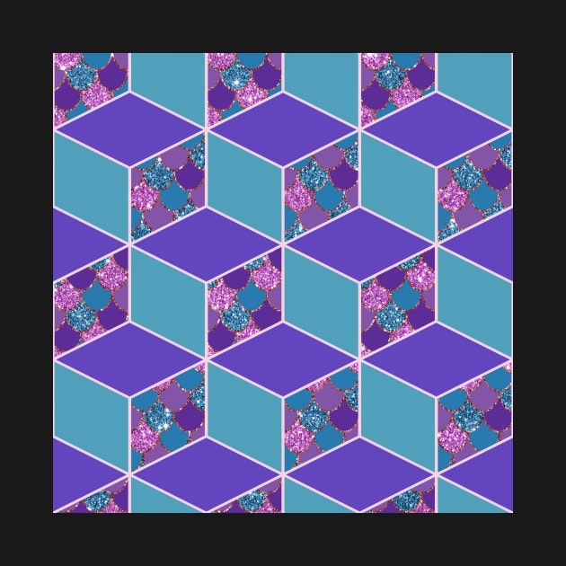 Mermaid Scale Purple and Teal Cubed Geometric Pattern by SeaChangeDesign