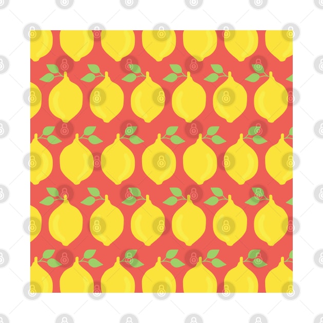 Yellow lemons lined up on red background. by Sandra Hutter Designs