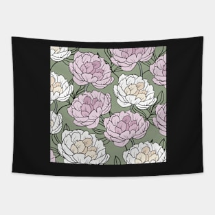 The white and pink peonies in a lovely pattern pale green background Tapestry