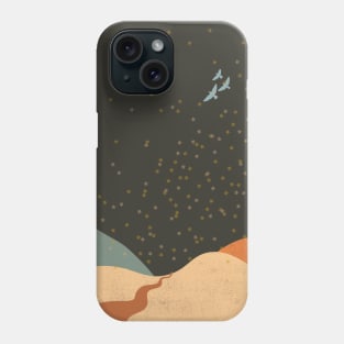 Mountains under night sky with stars and birds flying. Romantic design Phone Case