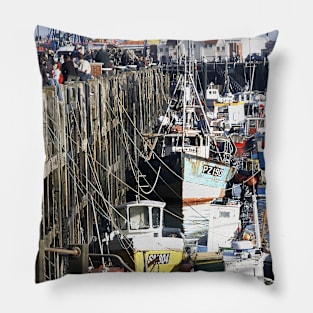 Fishing boats moored along Scarborough sea front, Yorkshire, UK Pillow