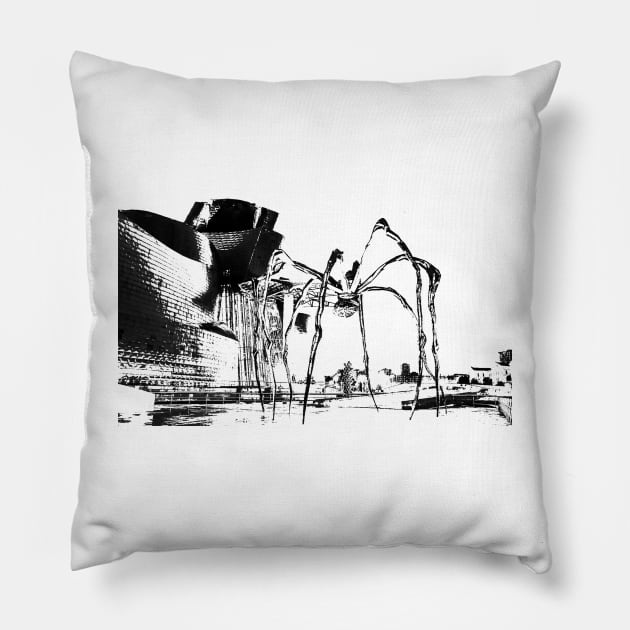 Line sketch of the Guggenheim Museum Bilbao and the Mama spider. Basque Country, Euskadi, Spain. Pillow by Rebeldía Pura