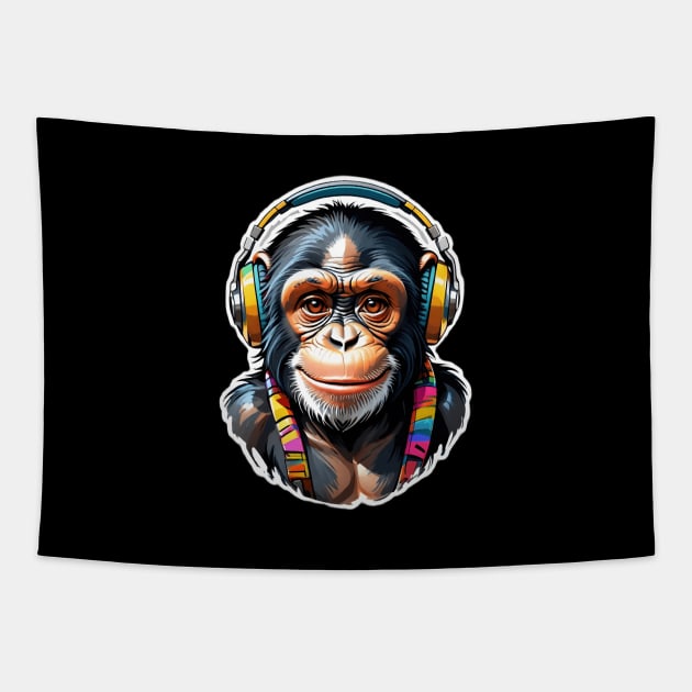 Happy Chimpanzee Headphones Tapestry by UniqueMe