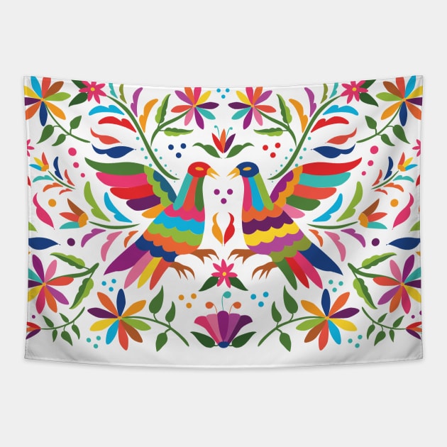 Mexican Otomí Birds. Colorful and floral composition by Akbaly Tapestry by Akbaly