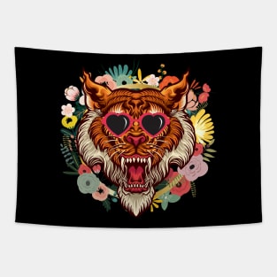 Tiger with Heart Sunglasses in a Flower Wreath Tapestry