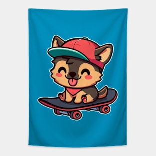 German Shepherd Puppy On A Skateboard Kawaii Skateboarding Tapestry