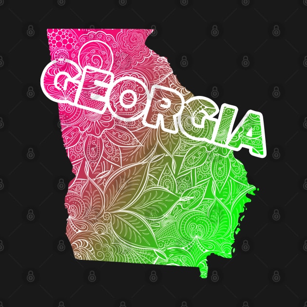 Colorful mandala art map of Georgia with text in pink and green by Happy Citizen