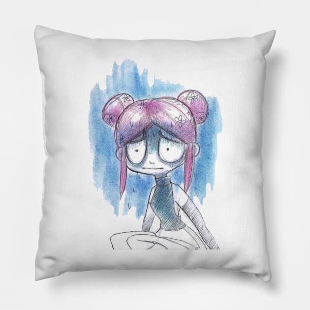 Anxious Girl with Space Buns Pillow by saradaboru