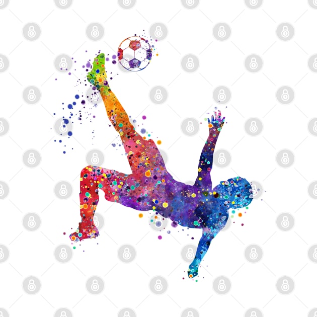 Boy Soccer Player Bicycle Kick Watercolor by LotusGifts