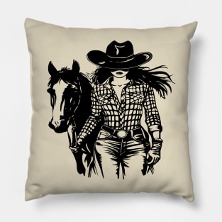 western cowgirl leading horse Pillow