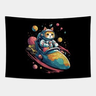 Colorful Cat Space Adventure - Whiskers Soaring on a Cosmic Rocket! Tapestry