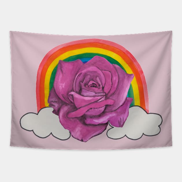 Pink rose with rainbow and clouds Tapestry by deadblackpony