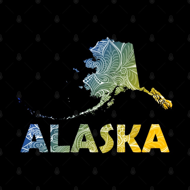 Colorful mandala art map Alaska with text in blue and yellow by Happy Citizen