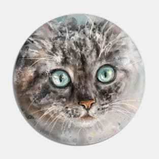 Chaotic Painting of a Grey and White Cat with Gorgeous Light Blue Eyes Pin