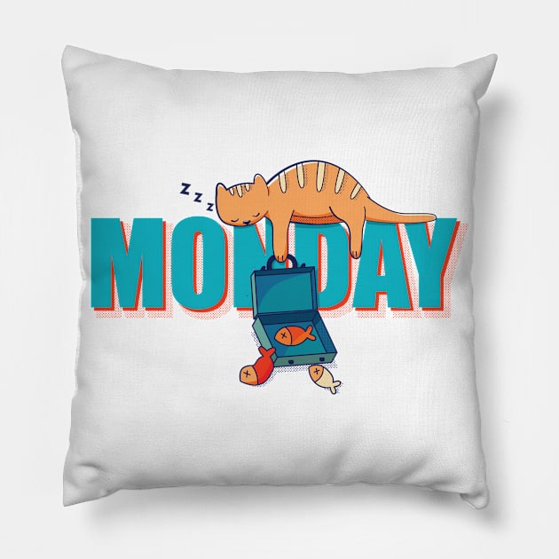 Funny Cat Lazy Monday Pillow by mai jimenez