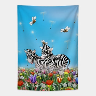 Summer Stroll, Cute Zebras, Beautiful Flowers Glad, Sunny Day, Watercolor Illustration Tapestry