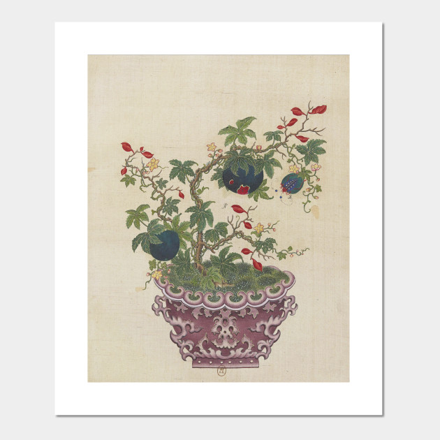 Vintage Chinese Bonsai Botanical Ink And Brush Painting Flowers