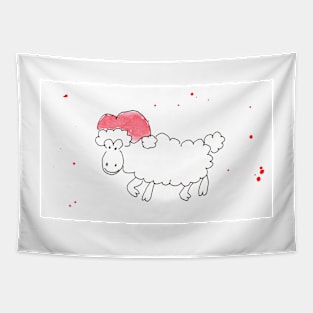 Sheep in Santa Claus hat, pet, xmas, holiday. Watercolor illustration on a winter theme, congratulations Tapestry