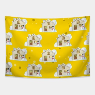 Christmas House Pattern - Yellow Background Tapestry