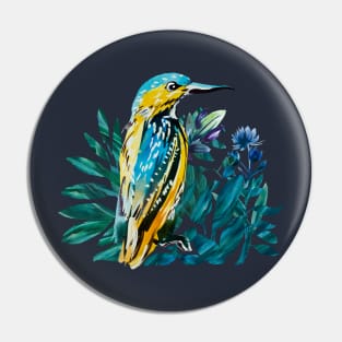 Kingfisher painted in watercolor on blue background Pin