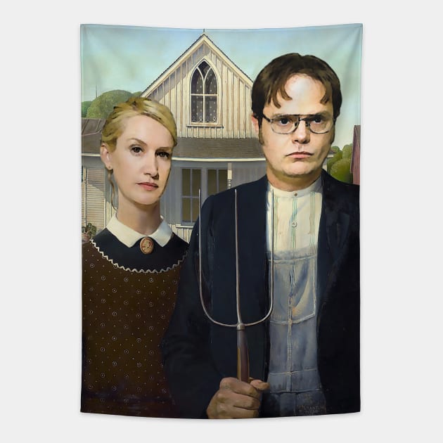 Dwight and Angela (American Gothic) Tapestry by DavidLoblaw