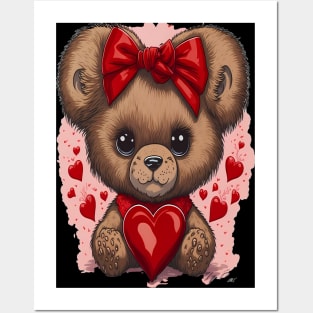 The Drawing of Cute Teddy Bear With Red Heart. Printable Art