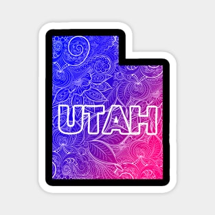 Colorful mandala art map of Utah with text in blue and violet Magnet