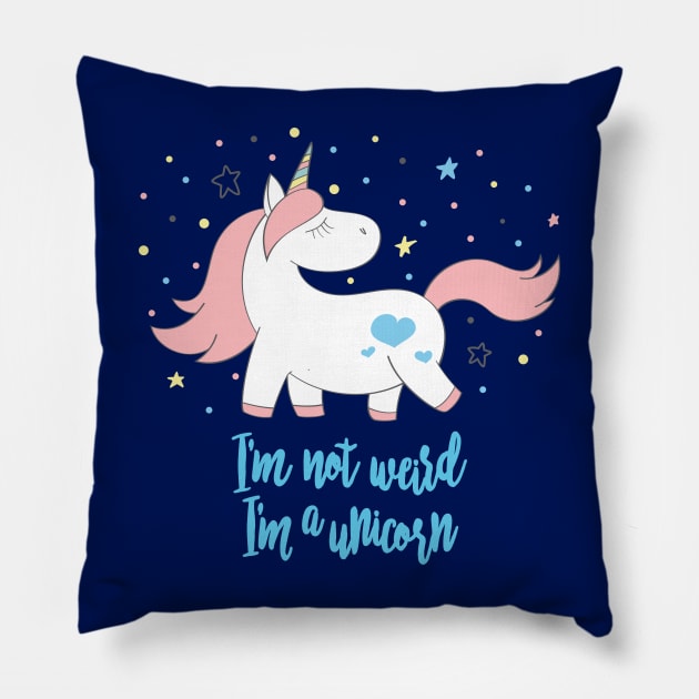 I'm not weird, im a unicorn - Cute little unicorn prancing around saying "I'm not weird, I'm a unicorn" that you and your kids would love! - Available in stickers, clothing, etc Pillow by Crazy Collective