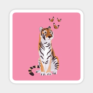 Tiger with butterflies paper cut art illustration on pink background Magnet