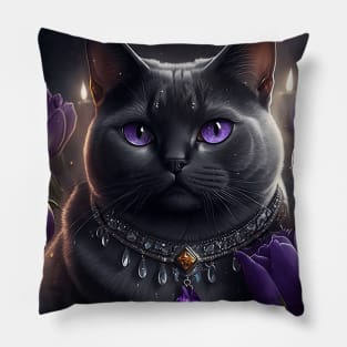 Black British Shorthair Cat With Tulips Pillow