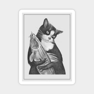 Playful Black and White Cat with Big Fish - Pencil Drawing Magnet