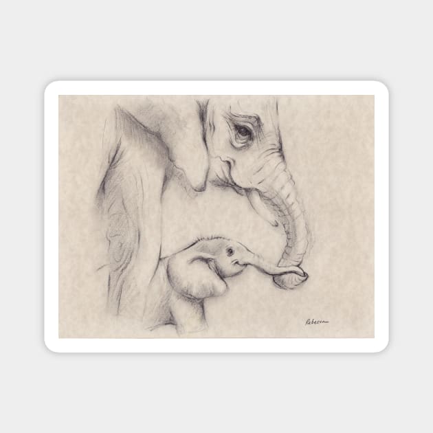 My Little One - Mama & Baby Elephant Charcoal Pencil Drawing Magnet by tranquilwaters