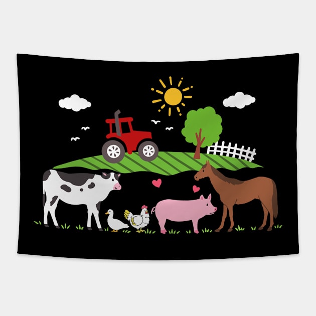 Farm Tractor Farm Animals Tapestry by KAWAIITEE