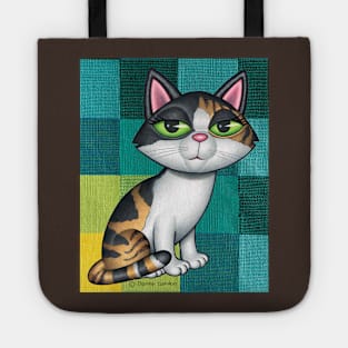 Cute Calico Cat on Greenish and yellow squares Tote