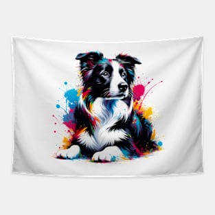 Dynamic Border Collie in Colorful Splash Art Style Tapestry