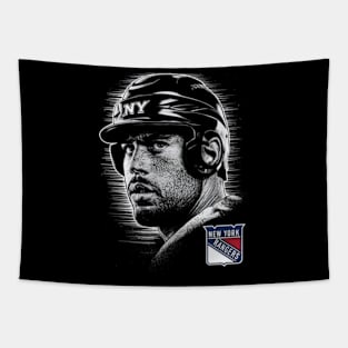 A player's face in a shot for the New York Rangers Tapestry