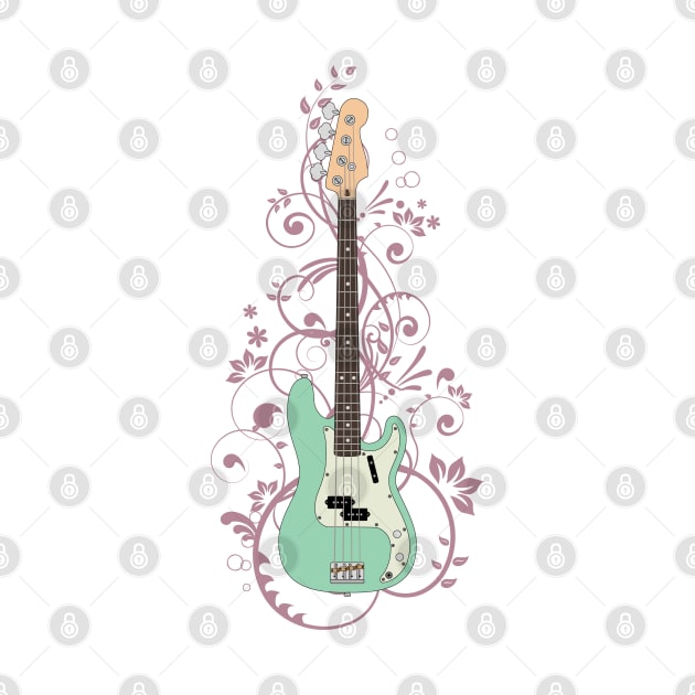 Surf Green P-Style Bass Guitar Flowering Vines by nightsworthy