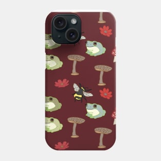 Burgundy Cottagecore Mushroom and Frog Pattern Phone Case